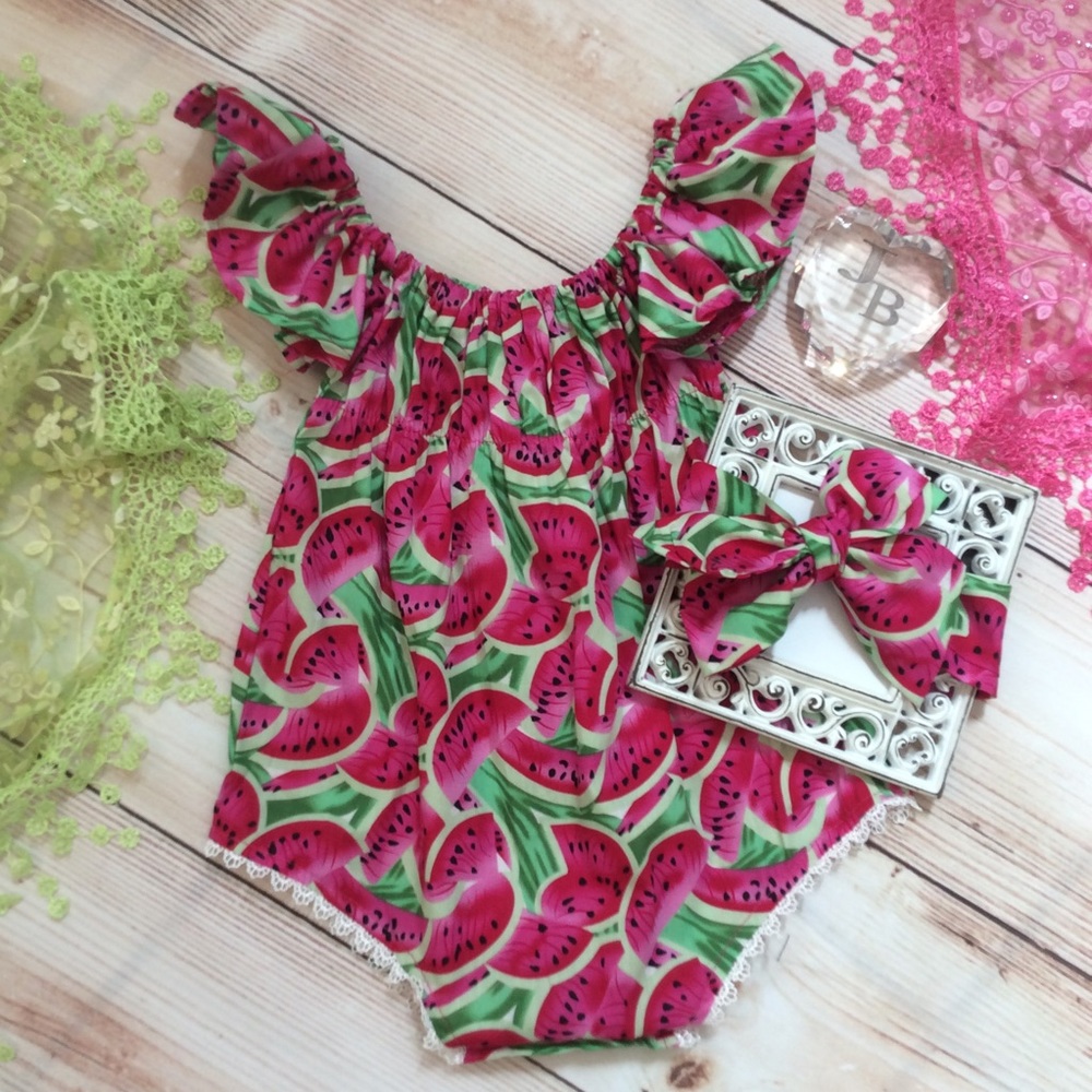 Boutique Baby Girl Hot Pink Watermelon Romper 2pc - Picture 3 of 3